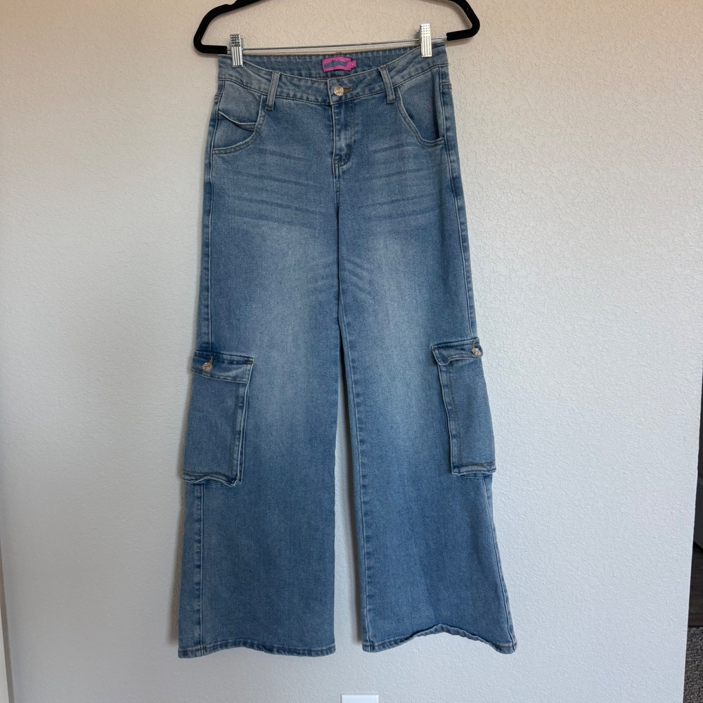 Edikted Womens Wide Leg Cargo Jeans Blue Medium Wash High Rise Utility Size S